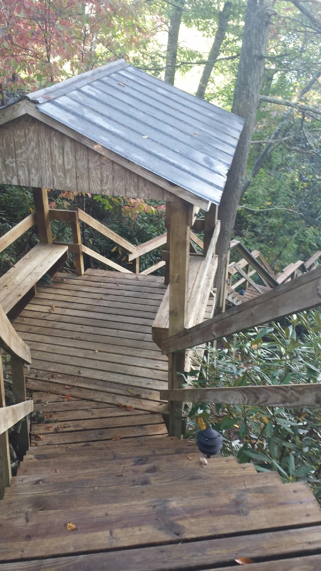 Metal roofed shelter over wooden steps on a wooded walkway — Skylight Repair & Installation work by our crew in Callao
